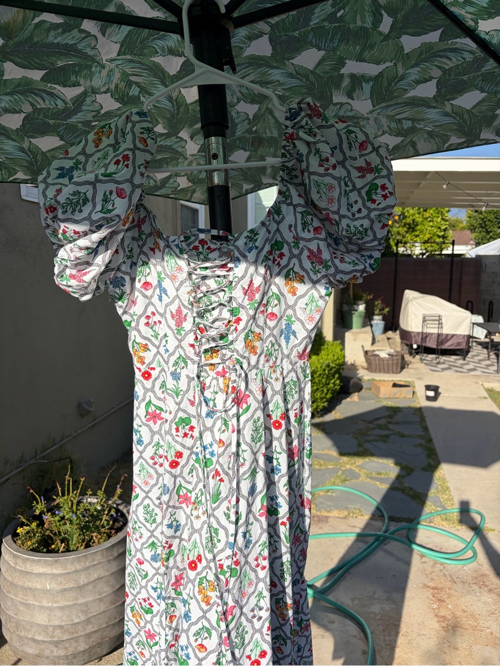 Moon River White Floral Lace-Up Midi Dress with Green and Pink Accents